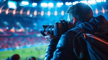 In the football stadium, press the sports photographer equipped with a high-end camera, Generative...