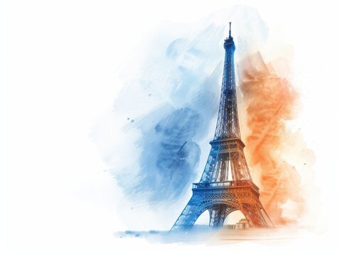 Eiffel Tower with Olympiad symbols, white isolated background, vibrant colors, daytime, central composition, sports tournament