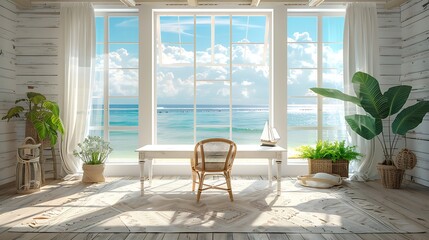 A coastal office space with a white desk, wicker chair, large windows with ocean views, nautical decor, light wooden flooring, and a bright, airy atmosphere, hd quality, natural look. --ar 16:9 --v 6.