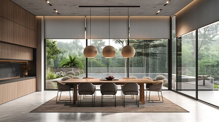 A contemporary dining room with a stylish dining table, modern chairs, a pendant light fixture, large windows, neutral color palette, minimalistic decor, spacious and inviting, hd quality,