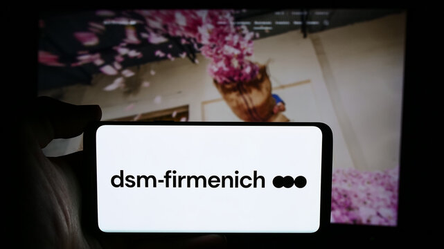Stuttgart, Germany - 07-21-2024: Person holding cellphone with logo of Swiss chemicals company DSM-Firmenich AG in front of business webpage. Focus on phone display.