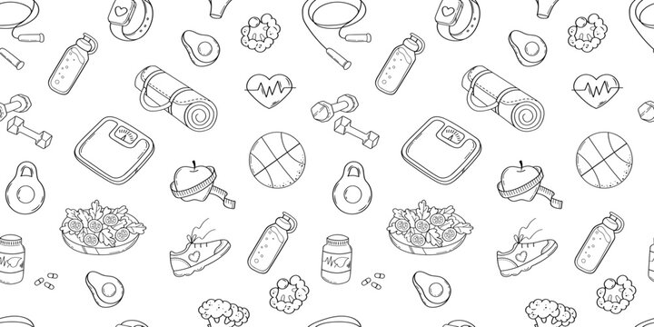 Healthy lifestyle seamless pattern. Sport equipment, fitness accessories and diet food elements in doodle style on white background. 