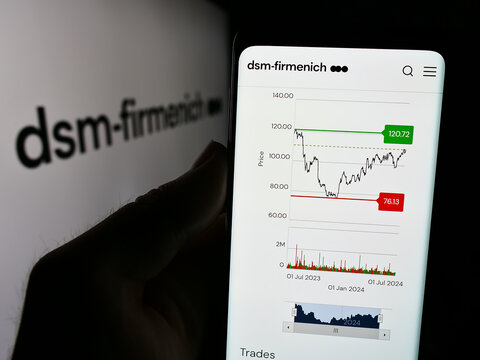 Stuttgart, Germany - 07-21-2024: Person holding cellphone with webpage of Swiss chemicals company DSM-Firmenich AG in front of business logo. Focus on center of phone display.