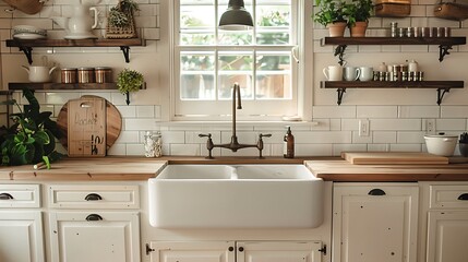 A farmhouse kitchen with white cabinetry, a large farmhouse sink, butcher block countertops, open shelving with rustic decor, vintage appliances, and a cozy, homely ambiance, hd quality, natural look.