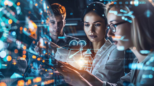 Diverse professionals with technology-driven graphics