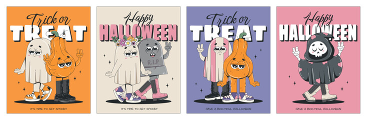 Halloween greeting card collection. Posters with retro groovy characters. Pumpkin, ghost, death, tombstone. Happy halloween and trick or treat. For invitation, flyer, social media post, banner. 