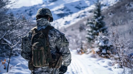 Obraz premium A soldier in full gear patrolling a snowy mountain path