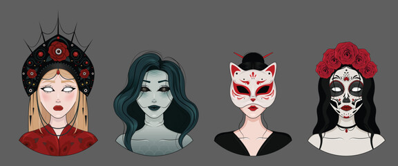 Creepy girl set. Japanese geisha wearing a kitsune fox mask. Girl in russian kokoshnik. Fantasy mermaid. Girl with Sugar skull makeup. Halloween vector mascots. 