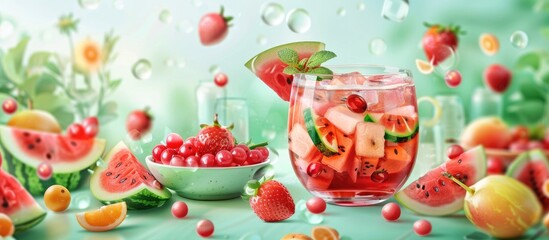 Traditional Korean watermelon punch Subak Hwachae cocktail features abundant fruit slices and tapioca boba pearls in a glass and bowl for a party setting amendable for a copy space image