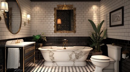A Hollywood Regency bathroom with black and white tiles, marble vanity, gold fixtures, a large mirror with an ornate frame, and elegant lighting, creating a luxurious and stylish atmosphere,