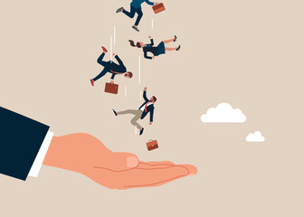 Security to protect loss. Business team falling from the sky into a gentle helping hand. Modern vector illustration in flat style.