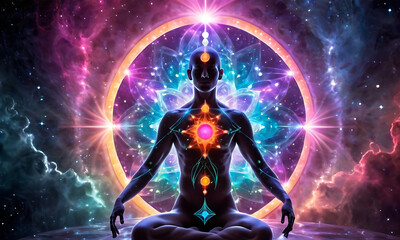 Fototapeta premium a stunning image of a meditative astral body surrounded by a rich, abstract space backdrop5