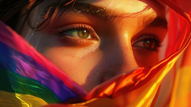primo piano di bellissima persona fluida o omosessuale, bandiera arcobaleno sullo sfondo sfocato,