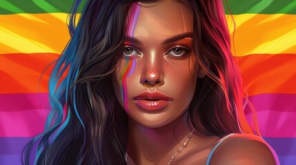 Obraz premium Retrato de mujer cabello largo, con anteojos, bandera. LGBT, inclusiÃ³n, vertical