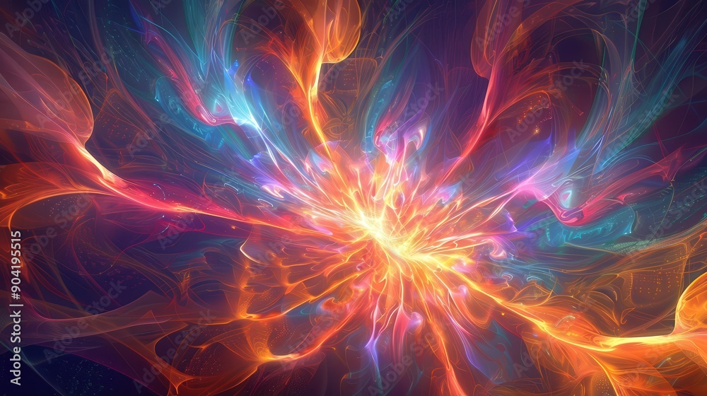 Poster a radiant fractal flame bursts with dynamic colors and ethereal wisps of light, creating an enchanti