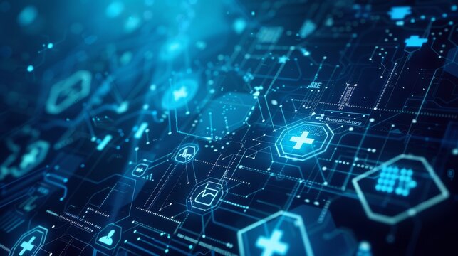 This digital representation showcases innovative healthcare tech and advanced data analytics in a modern setting