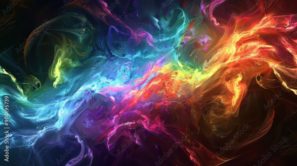 Poster a dynamic display of colorful fractal flames radiates light and energy, creating an abstract masterp