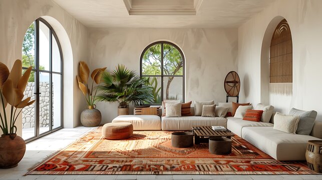 A Mediterranean living room with arched doorways, white plaster walls, terracotta tiles, wrought iron accents, plush furniture in earthy tones, and vibrant textiles,