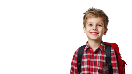 happy young student boy wearing backpack, back to school concept, back again , isolated transparency background