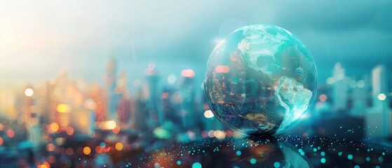 A digital globe of Earth glows against a futuristic cityscape at night. The globe rotates above a shiny surface, with skyscrapers and shimmering silver dots adding to the tech-savvy vibe.