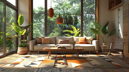 Fototapeta premium A Mid-Century Modern living room with a vintage wooden coffee table, retro sofa, geometric patterned rug, large windows, bold color accents, minimalistic decor, and iconic furniture designs,