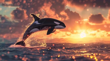 Fototapeta premium Norway fjord in the backdrop as a killer whale, often known as an orca, leaps with splashes from the setting ocean, Generative AI.
