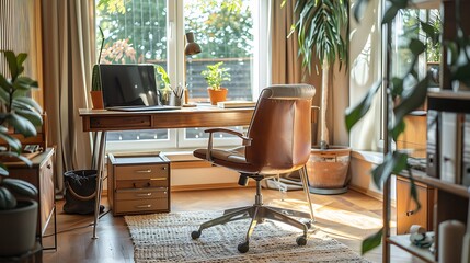 Fototapeta premium A Mid-Century Modern office space with a sleek wooden desk, ergonomic chair, large windows, retro decor elements, organized and clutter-free, emphasizing productivity and style, hd quality,