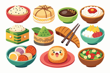 An Illustration of Various Asian Cuisine Dishes and Ingredients