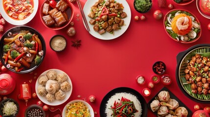 Fototapeta premium Top view of delicious chinese food meal on red table background for celebration Chinese New Year