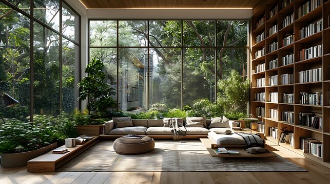 A modern home library with built-in shelves, a cozy reading nook, large windows with automated shades, neutral color palette, minimalistic decor, emphasizing tranquility and focus, hd quality,