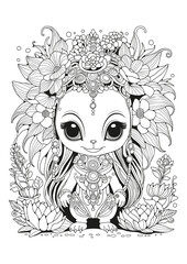 Fototapeta premium Cute alien decorated with flowers. Art therapy. For children and adults. Coloring page. Illustration for coloring, printing on fabric and paper.