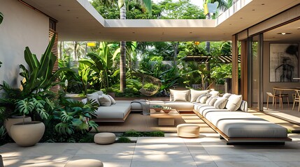Fototapeta premium A modern patio with contemporary outdoor furniture, clean lines, minimal decor, lush greenery, open and inviting space, emphasizing simplicity and relaxation, neutral color scheme, hd quality,