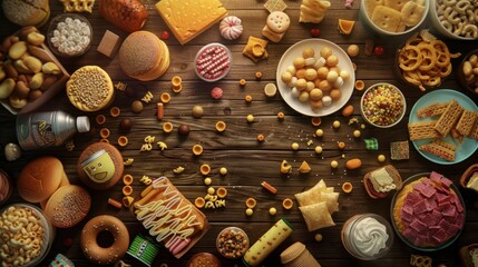 top view of variety of junk food on wooden table
