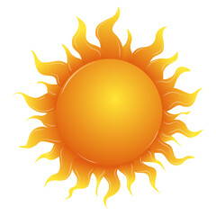 Bright sun with vibrant, wavy rays isolated on a transparent background. Concept of summer, warmth, and energy. Vector illustration