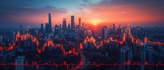 Global Economic Growth Analysis Cityscape with Animated Charts Showing Market Trends and Indicators