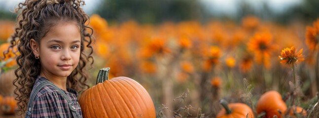 Black girl with pumpkin on autumn field. Teen girl in fall patch. Family harvest festival child banner. Thanksgiving african girl, happy kid with halloween farm landscape. Outdoor Harvest holiday