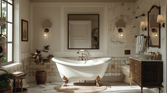 A traditional bathroom with a clawfoot tub, marble vanity, ornate mirrors, antique fixtures, classic tiles, and a luxurious, timeless feel, hd quality, natural look. 