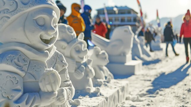 Close-up of a winter festival snow sculpture contest in progress. - Powered by Adobe
