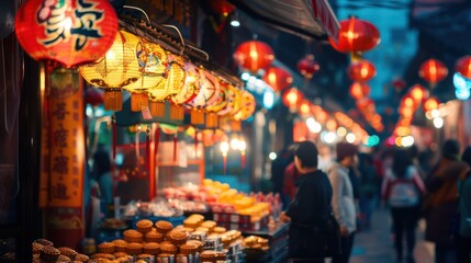 Fototapeta premium Mid-Autumn festival street market with vendors selling mooncakes and lanterns. 