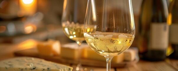 Close-up of wine glasses with white wine and cheese on a wooden table, creating a cozy atmosphere with candlelight in the background.