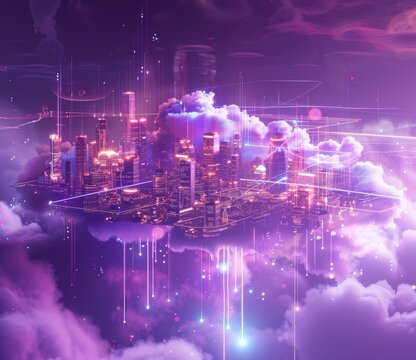 Futuristic floating cloud city with neon lights in the sky