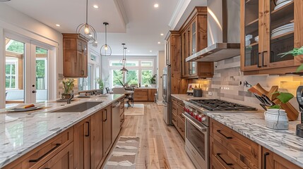 Obraz premium A transitional kitchen with sleek cabinetry, marble countertops, stainless steel appliances, warm wooden accents, and a mix of contemporary and traditional decor, hd quality, natural look.