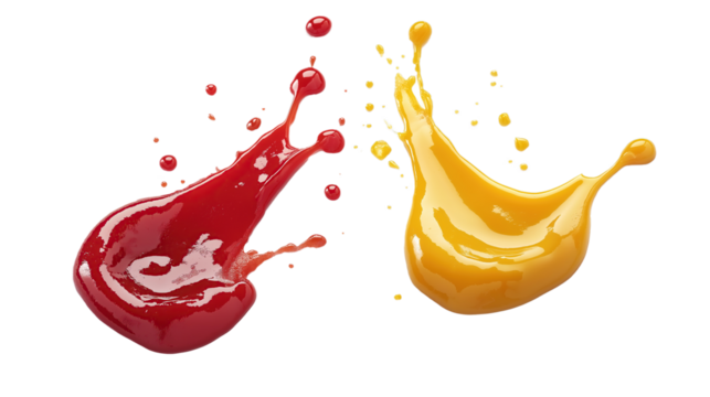 Delicious ketchup and mustard splashes isolated on transparency background 