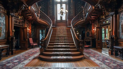 A Victorian entryway with ornate wooden furniture, intricate wallpaper, a grand staircase, crystal chandelier, and elegant drapes, creating a luxurious and welcoming atmosphere, hd quality,