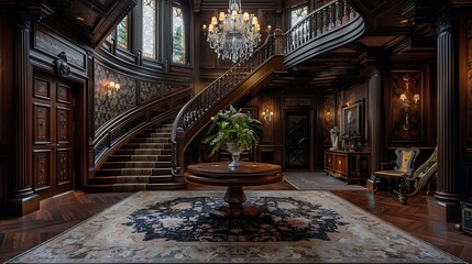 A Victorian entryway with ornate wooden furniture, intricate wallpaper, a grand staircase, crystal chandelier, and elegant drapes, creating a luxurious and welcoming atmosphere, hd quality,