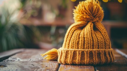 A knitted yellow hat with a pom-pom sits invitingly on a wooden table, perfect for keeping warm during the chilly winter months