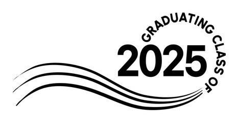 White background - Graduating Class of 2025 in black text in circle. 2025 is in black text. Wavy black lines accent.