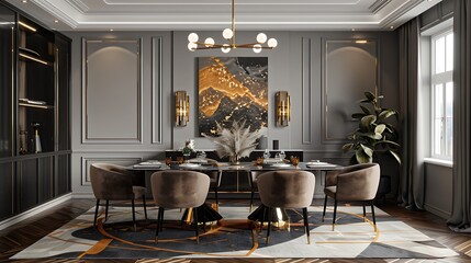 An art deco dining room with a sleek black dining table, velvet chairs, a geometric rug, gold accents, a statement chandelier, and an elegant, glamorous ambiance, hd quality, natural look.