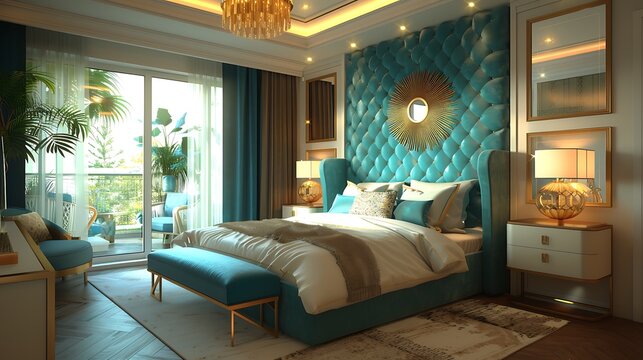 An art deco bedroom with a plush velvet headboard, bold geometric wallpaper, mirrored nightstands, gold accents, luxurious bedding, and elegant lighting, creating a glamorous and comfortable space,