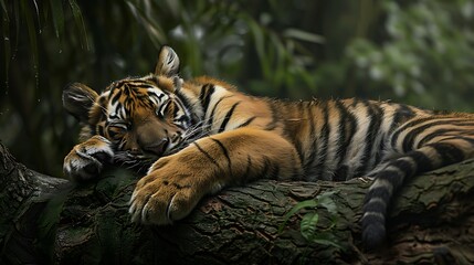 Obraz premium A young tiger is curled up on a jungle tree trunk